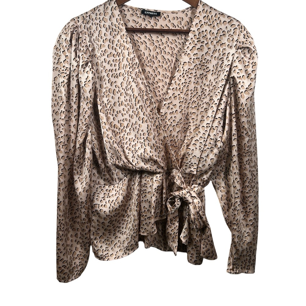 Express Faux Wrap Top Womens XL Pink Tan Animal Print Long Sleeve V Neck Blouse